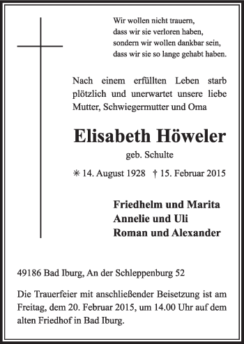 Traueranzeige von Elisabeth Höweler von Neue Osnabrücker Zeitung GmbH & Co. KG