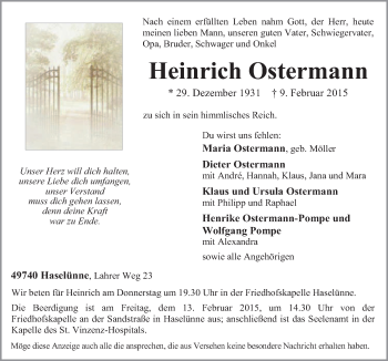 Traueranzeige von Heinrich Ostermann von Neue Osnabrücker Zeitung GmbH & Co. KG