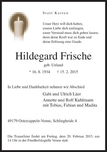 Traueranzeige von Hildegard Frische von Neue Osnabrücker Zeitung GmbH & Co. KG