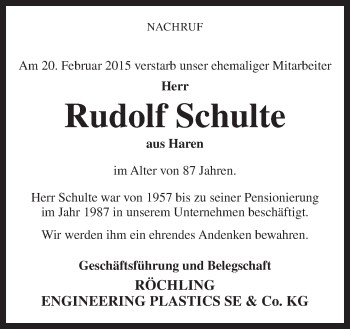 Traueranzeige von Rudolf Schulte von Neue Osnabrücker Zeitung GmbH & Co. KG