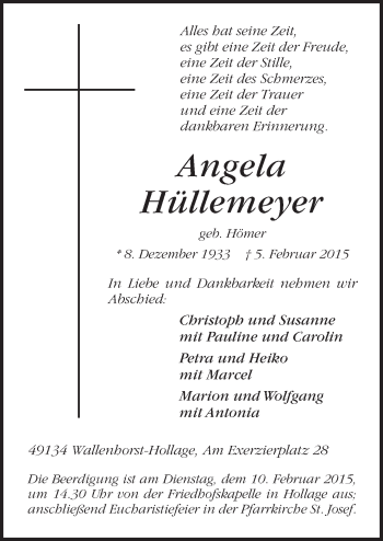 Traueranzeige von Angela Hüllemeyer von Neue Osnabrücker Zeitung GmbH & Co. KG