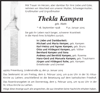 Traueranzeige von Thekla Kampen von Neue Osnabrücker Zeitung GmbH & Co. KG