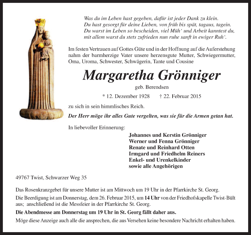  Traueranzeige für Margaretha Grönniger vom 24.02.2015 aus Neue Osnabrücker Zeitung GmbH & Co. KG