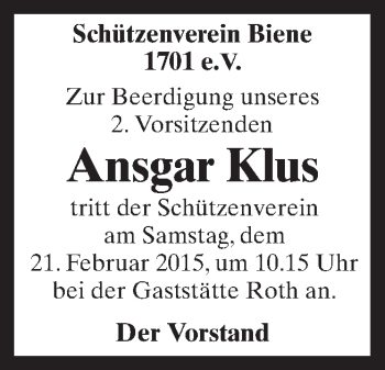 Traueranzeige von Ansgar Klus von Neue Osnabrücker Zeitung GmbH & Co. KG