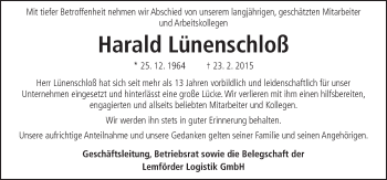 Traueranzeige von Harald Lünenschloß von Neue Osnabrücker Zeitung GmbH & Co. KG