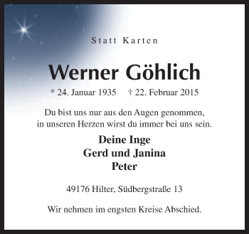 Traueranzeige von Werner Göhlich von Neue Osnabrücker Zeitung GmbH & Co. KG