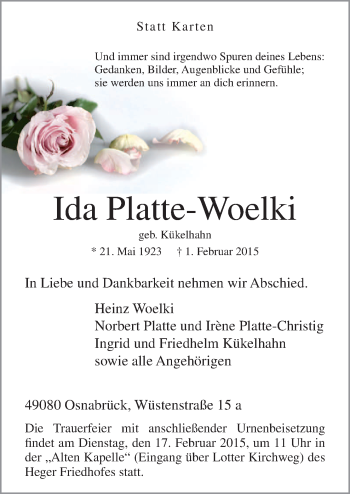 Traueranzeige von Ida Platte-Woelki von Neue Osnabrücker Zeitung GmbH & Co. KG