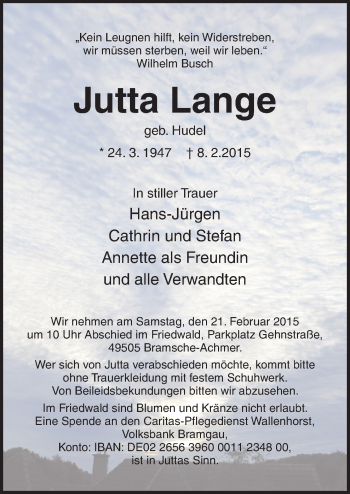 Traueranzeige von Jutta Lange von Neue Osnabrücker Zeitung GmbH & Co. KG