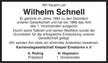 Traueranzeige von Wilhelm Schnell von Neue Osnabrücker Zeitung GmbH & Co. KG