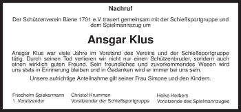 Traueranzeige von Ansgar Klus von Neue Osnabrücker Zeitung GmbH & Co. KG