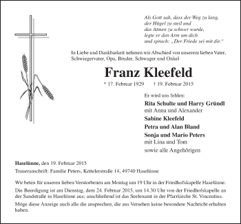 Traueranzeige von Franz Kleefeld von Neue Osnabrücker Zeitung GmbH & Co. KG