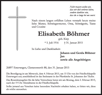 Traueranzeige von Elisabeth Böhmer von Neue Osnabrücker Zeitung GmbH & Co. KG