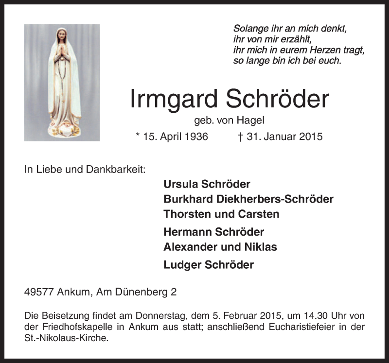  Traueranzeige für Irmgard Schröder vom 02.02.2015 aus Neue Osnabrücker Zeitung GmbH & Co. KG