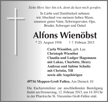 Traueranzeige von Alfons Wienöbst von Neue Osnabrücker Zeitung GmbH & Co. KG