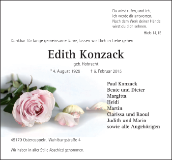 Traueranzeige von Edith Konzack von Neue Osnabrücker Zeitung GmbH & Co. KG