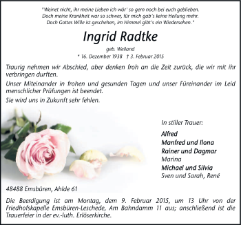 Traueranzeige von Ingrid Radtke von Neue Osnabrücker Zeitung GmbH & Co. KG