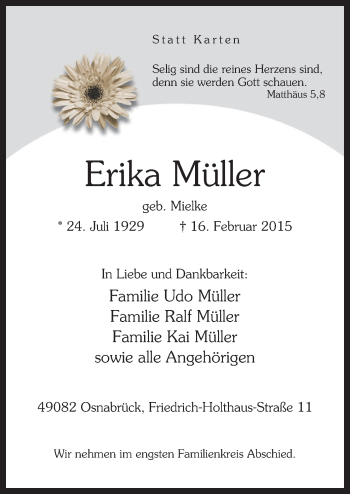 Traueranzeige von Erika Müller von Neue Osnabrücker Zeitung GmbH & Co. KG