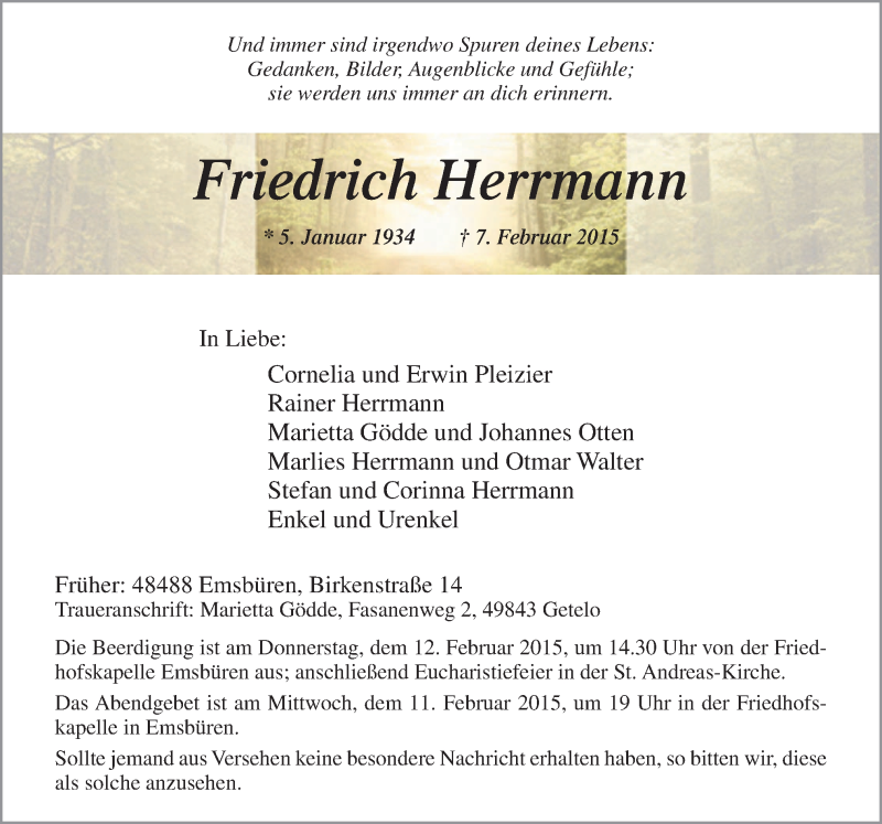  Traueranzeige für Friedrich Herrmann vom 09.02.2015 aus Neue Osnabrücker Zeitung GmbH & Co. KG