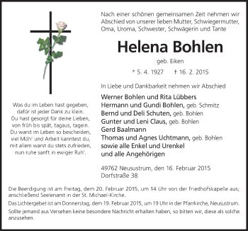 Traueranzeige von Helena Bohlen von Neue Osnabrücker Zeitung GmbH & Co. KG