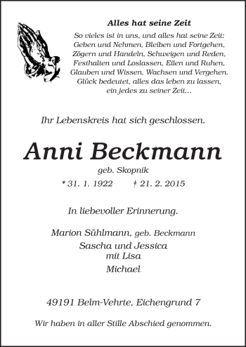 Traueranzeige von Anni Beckmann von Neue Osnabrücker Zeitung GmbH & Co. KG