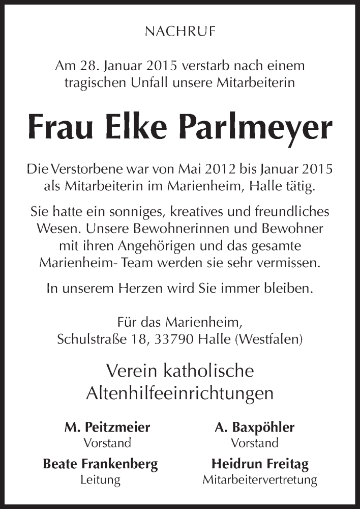  Traueranzeige für Elke Parlmeyer vom 04.02.2015 aus Neue Osnabrücker Zeitung GmbH & Co. KG