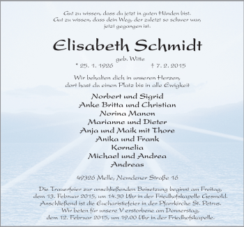 Traueranzeige von Elisabeth Schmidt von Neue Osnabrücker Zeitung GmbH & Co. KG