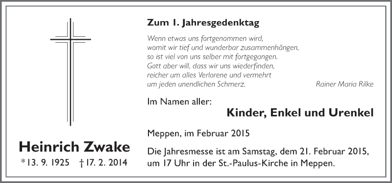  Traueranzeige für Heinrich Zwake vom 14.02.2015 aus Neue Osnabrücker Zeitung GmbH & Co. KG