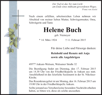 Traueranzeige von Helene Buch von Neue Osnabrücker Zeitung GmbH & Co. KG
