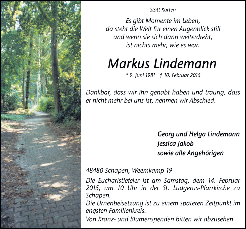  Traueranzeige für Markus Lindemann vom 12.02.2015 aus Neue Osnabrücker Zeitung GmbH & Co. KG