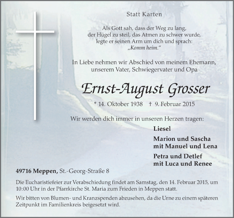  Traueranzeige für Ernst-August Grosser vom 11.02.2015 aus Neue Osnabrücker Zeitung GmbH & Co. KG