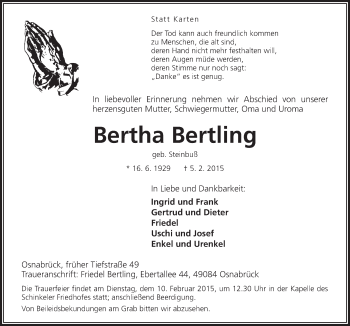 Traueranzeige von Bertha Bertling von Neue Osnabrücker Zeitung GmbH & Co. KG