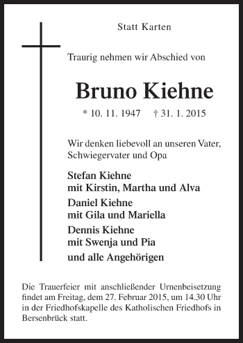 Traueranzeige von Bruno Kiehne von Neue Osnabrücker Zeitung GmbH & Co. KG