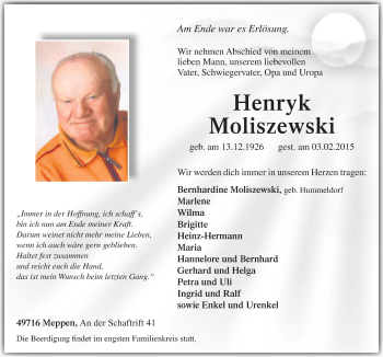 Traueranzeige von Henryk Moliszewski von Neue Osnabrücker Zeitung GmbH & Co. KG