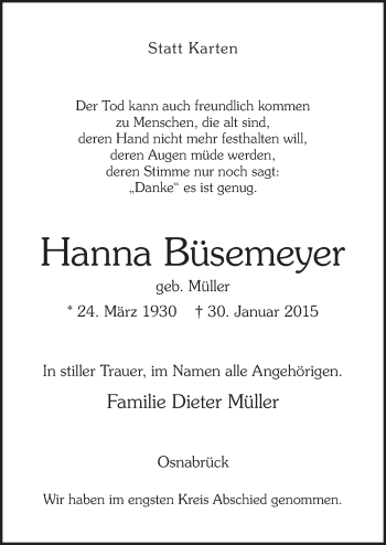Traueranzeige von Hanna Büsemeyer von Neue Osnabrücker Zeitung GmbH & Co. KG