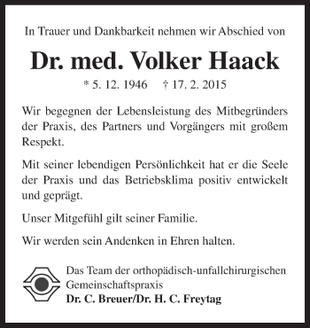 Traueranzeige von Volker Haack von Neue Osnabrücker Zeitung GmbH & Co. KG