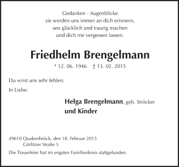Traueranzeige von Friedhelm Brengelmann von Neue Osnabrücker Zeitung GmbH & Co. KG
