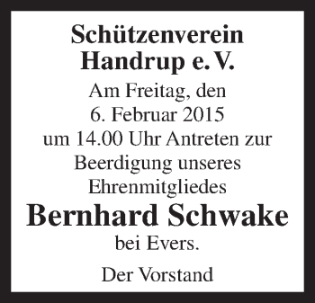 Traueranzeige von Bernhard Schwake von Neue Osnabrücker Zeitung GmbH & Co. KG