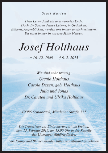 Traueranzeige von Josef Holthaus von Neue Osnabrücker Zeitung GmbH & Co. KG