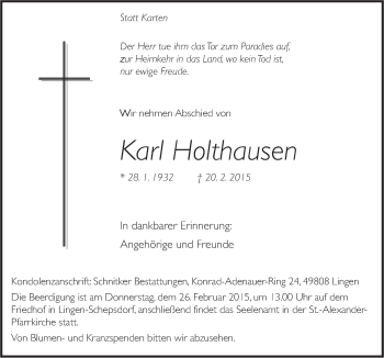 Traueranzeige von Karl Holthausen von Neue Osnabrücker Zeitung GmbH & Co. KG