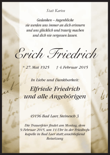 Traueranzeige von Erich Friedrich von Neue Osnabrücker Zeitung GmbH & Co. KG
