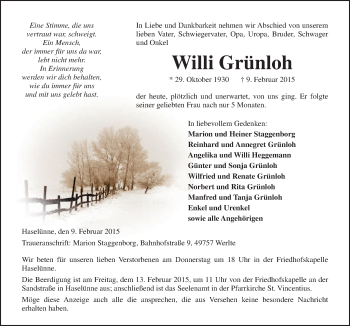 Traueranzeige von Willi Grünloh von Neue Osnabrücker Zeitung GmbH & Co. KG
