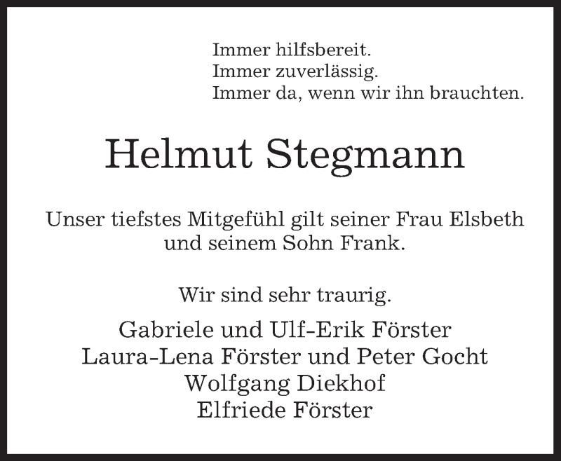  Traueranzeige für Helmut Stegmann vom 17.02.2015 aus Neue Osnabrücker Zeitung GmbH & Co. KG