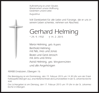 Traueranzeige von Gerhard Helming von Neue Osnabrücker Zeitung GmbH & Co. KG