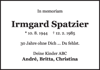 Traueranzeige von Irmgard Spatzier von Neue Osnabrücker Zeitung GmbH & Co. KG