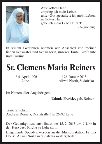 Traueranzeige von Clemens Maria Reiners von Neue Osnabrücker Zeitung GmbH & Co. KG