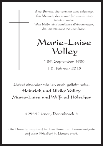 Traueranzeige von Marie-Luise Volley von Neue Osnabrücker Zeitung GmbH & Co. KG