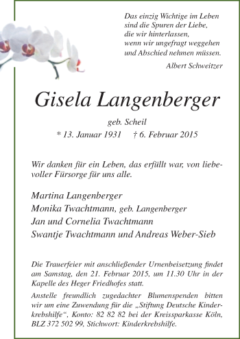 Traueranzeige von Gisela Langenberger von Neue Osnabrücker Zeitung GmbH & Co. KG