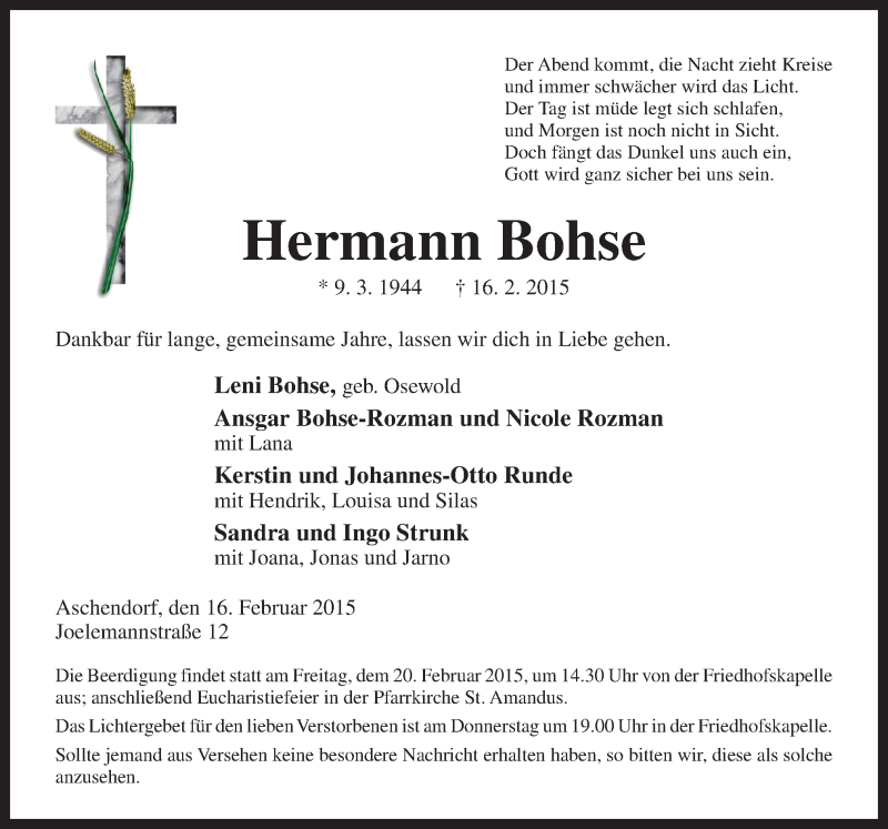  Traueranzeige für Hermann Bohse vom 18.02.2015 aus Neue Osnabrücker Zeitung GmbH & Co. KG