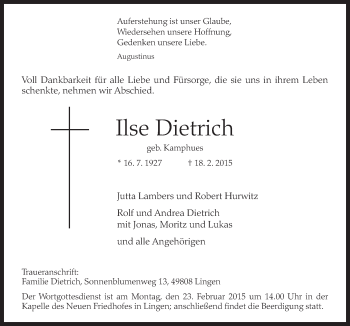 Traueranzeige von Ilse Dietrich von Neue Osnabrücker Zeitung GmbH & Co. KG