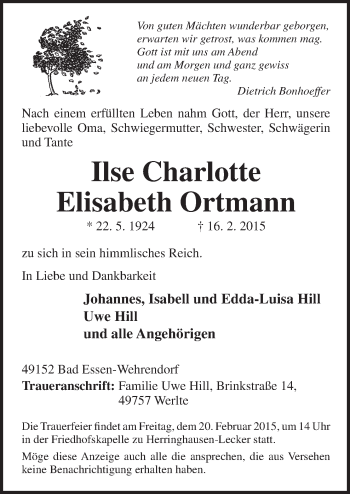 Traueranzeige von Ilse Charlotte Elisabeth Ortmann von Neue Osnabrücker Zeitung GmbH & Co. KG